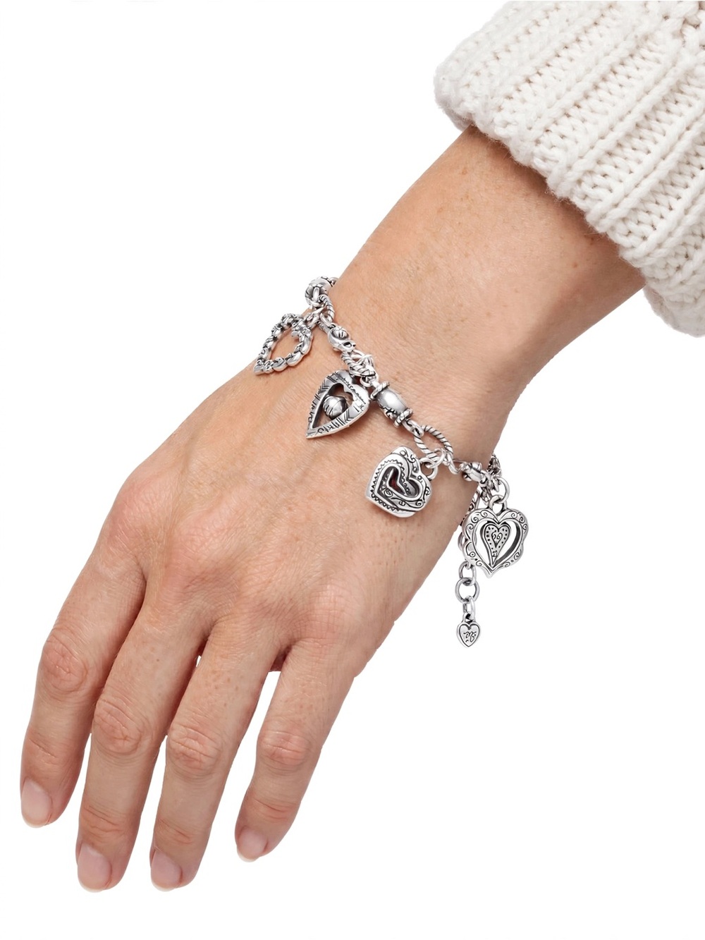 Brighton Silver 6 Heart Charm Bracelet 8" Lobster Clasp Brighton Tag